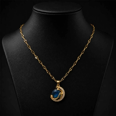 Celestial Moon & Star Blue Crystal Pendant Necklace for Women